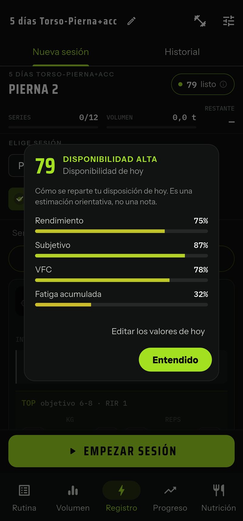 Pestaña Registro con la sesión que toca y el estado para entrenar de hoy desglosado
